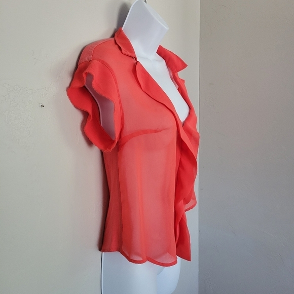 Pins and Needles Small Coral Red Short Sleeve Blouse Linen Blend Chiffon Ruffle - Picture 4 of 8